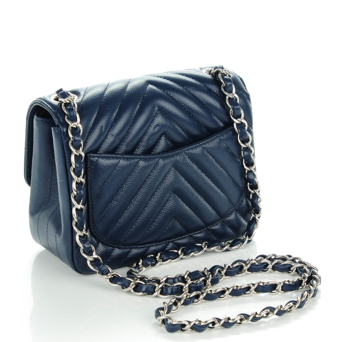 Caviar Chevron Quilted Mini Square Flap Navy Blue
