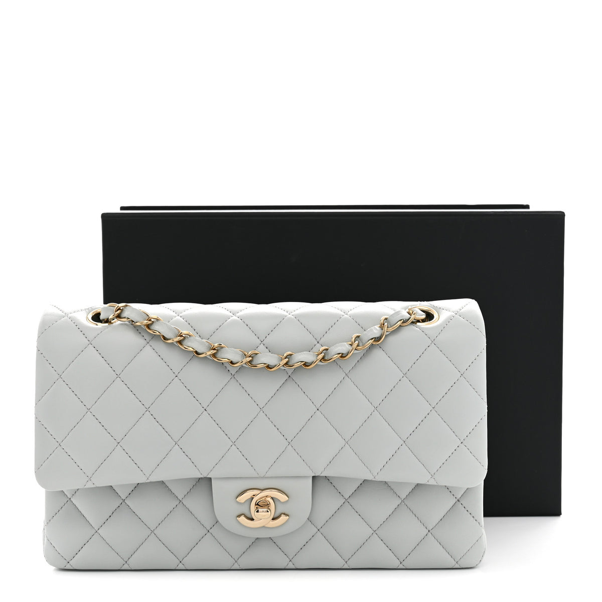 Lambskin Quilted Medium Double Flap Light Blue
