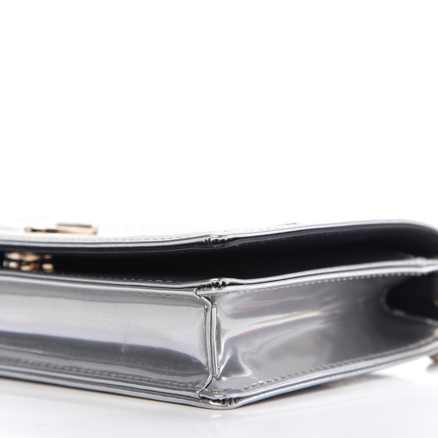 Metallic Patent Micro-Cannage Diorama Wallet on Chain Pouch Silver