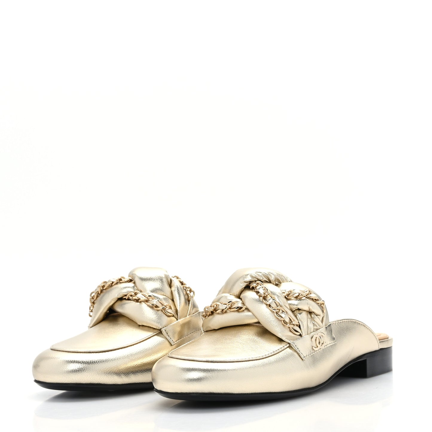 Metallic Lambskin Chain Braided Mules 36 Light Gold