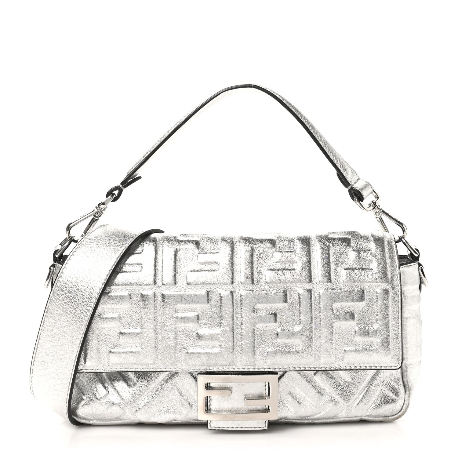 Fendi Vitello Catalan Mirror FF 1974 Embossed Baguette Argento 1 of 10