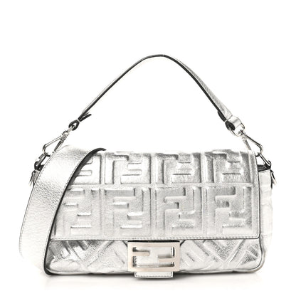 Fendi Vitello Catalan Mirror FF 1974 Embossed Baguette Argento 1 of 10