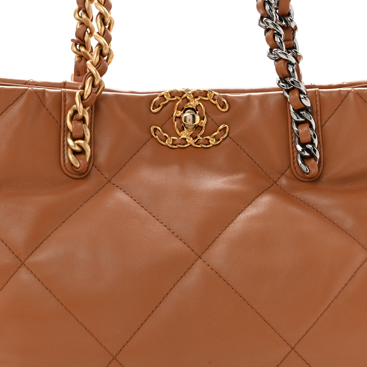 Lambskin Quilted Chanel 19 East West Shopping Bag Brown