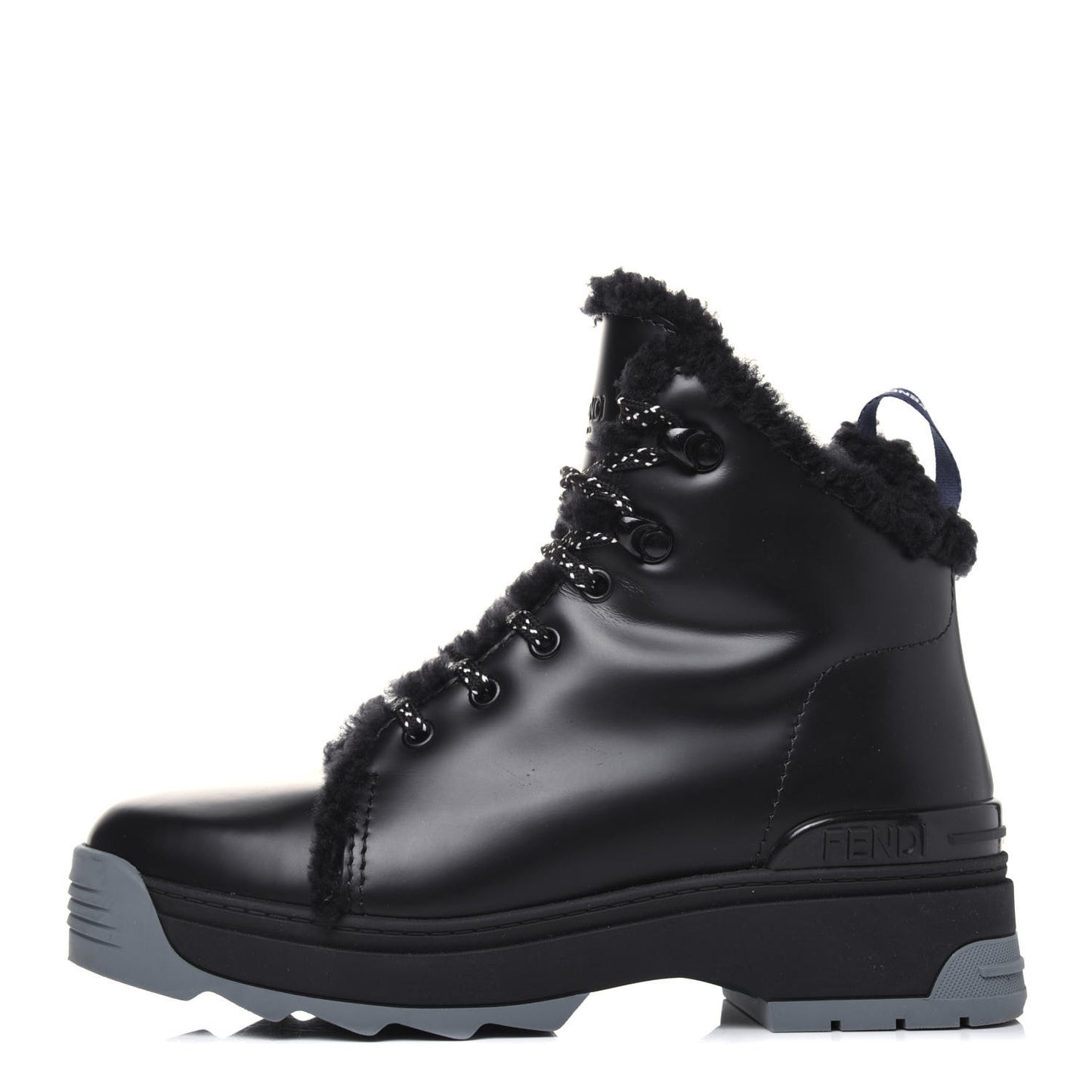 Vitello Spazzolato Shearling Womens Lace Up Biker Boots 37 Black Navy Blue White