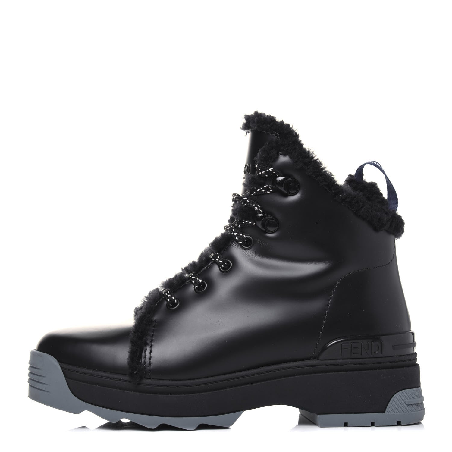 Fendi Vitello Spazzolato Shearling Womens Lace Up Biker Boots 37 Black Navy Blue White 1 of 11