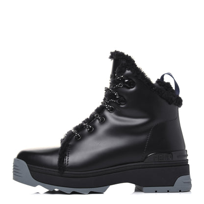 Fendi Vitello Spazzolato Shearling Womens Lace Up Biker Boots 37 Black Navy Blue White 1 of 11