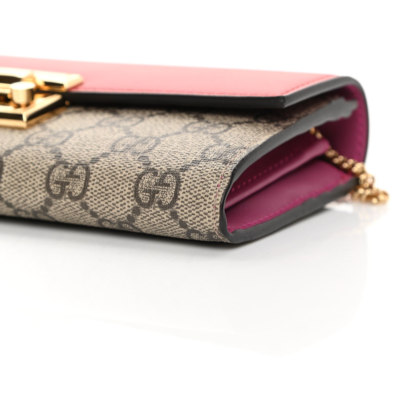 GG Supreme Monogram Moon Calfskin Padlock Continental Chain Wallet Beige Ebony Hibiscus Red New Rosette