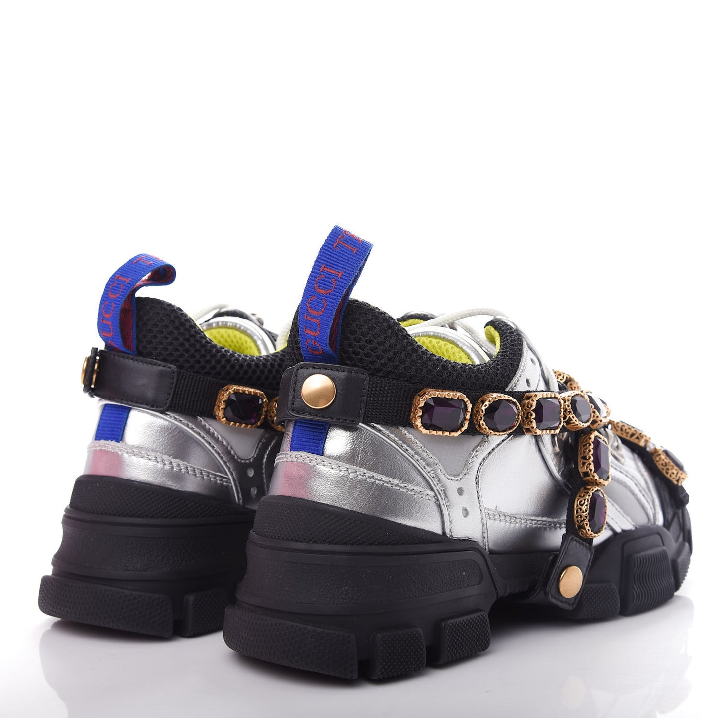 X SEGA Metallic Calfskin Mesh Removable Crystals Womens Flashtrek Sneakers 35.5 Silver Black