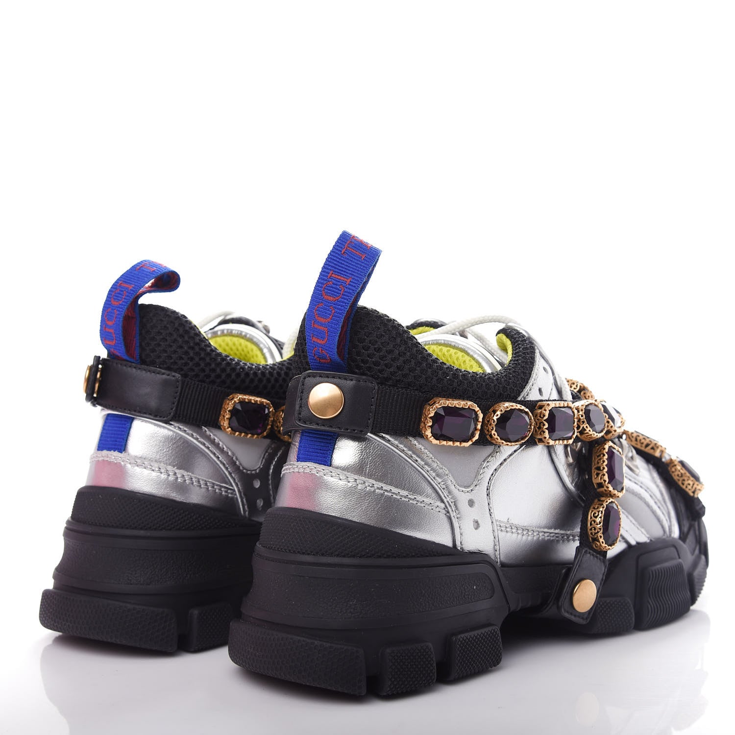 Gucci X SEGA Metallic Calfskin Mesh Removable Crystals Womens Flashtrek Sneakers 35.5 Silver Black 4 of 10
