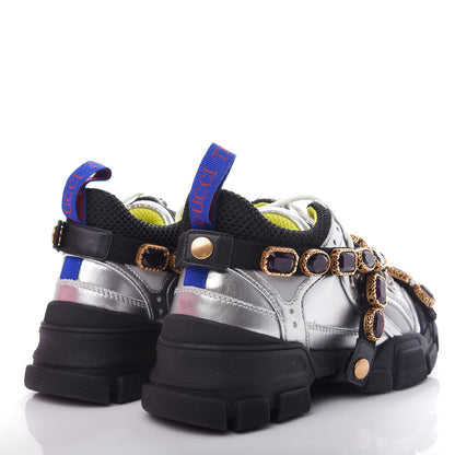Gucci X SEGA Metallic Calfskin Mesh Removable Crystals Womens Flashtrek Sneakers 35.5 Silver Black 4 of 10