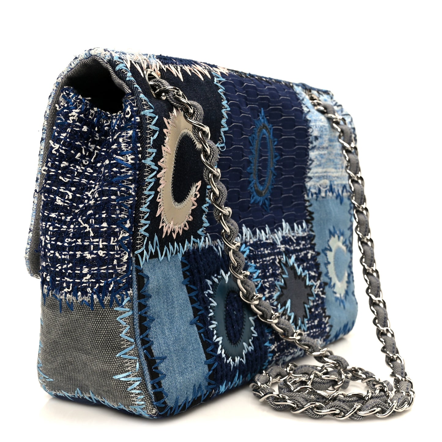 Denim Tweed Patchwork Jumbo Single Flap Blue