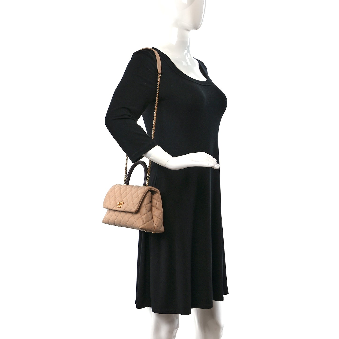 Caviar Lizard Embossed Quilted Mini Coco Handle Flap Beige