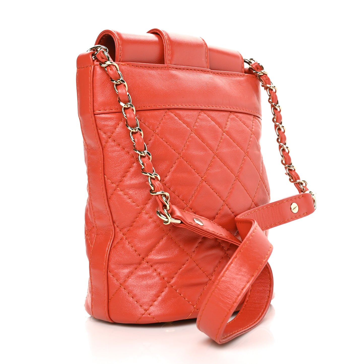 Lambskin Quilted Small CC Lock Flap Bucket Bag Red