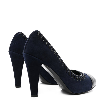 Chanel Suede Lambskin Cap Toe Whipstitch Pumps 37 Navy Black 4 of 8