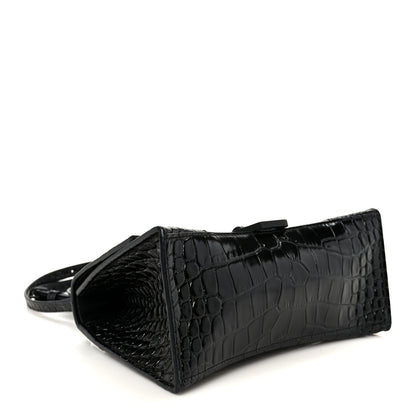 Balenciaga Shiny Calfskin Monochrome Crocodile Embossed Small Hourglass Top Handle Bag Black 4 of 10