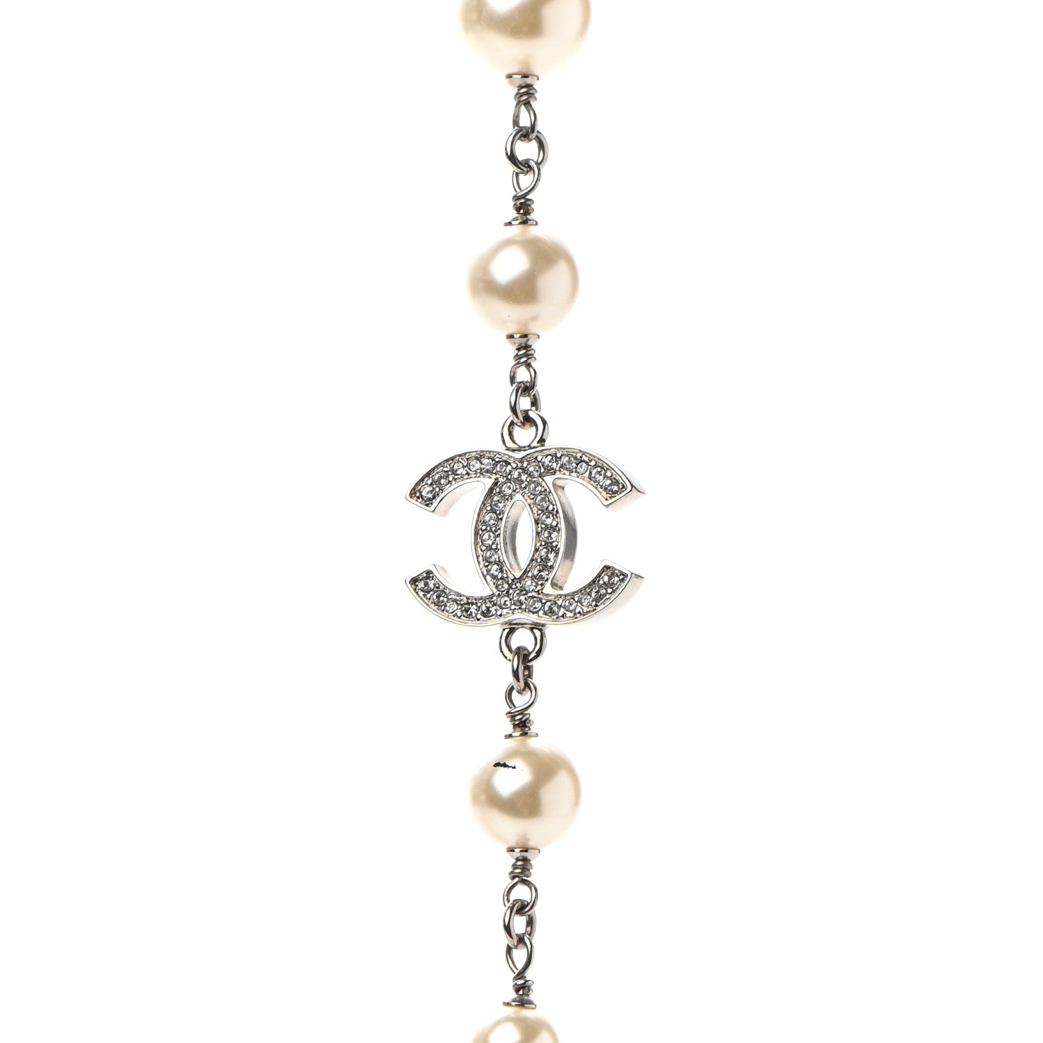 Chanel Graduated Pearl Crystal CC Long Necklace Silver 4 of 6