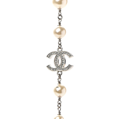 Chanel Graduated Pearl Crystal CC Long Necklace Silver 4 of 6