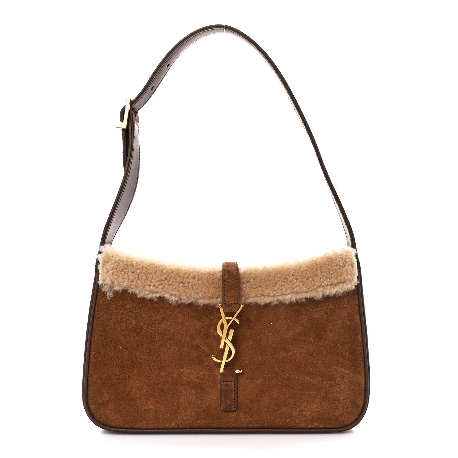 Saint Laurent Suede Calfskin Shearling Le 5 A 7 Hobo Dark Cigar Natural Beige 1 of 11