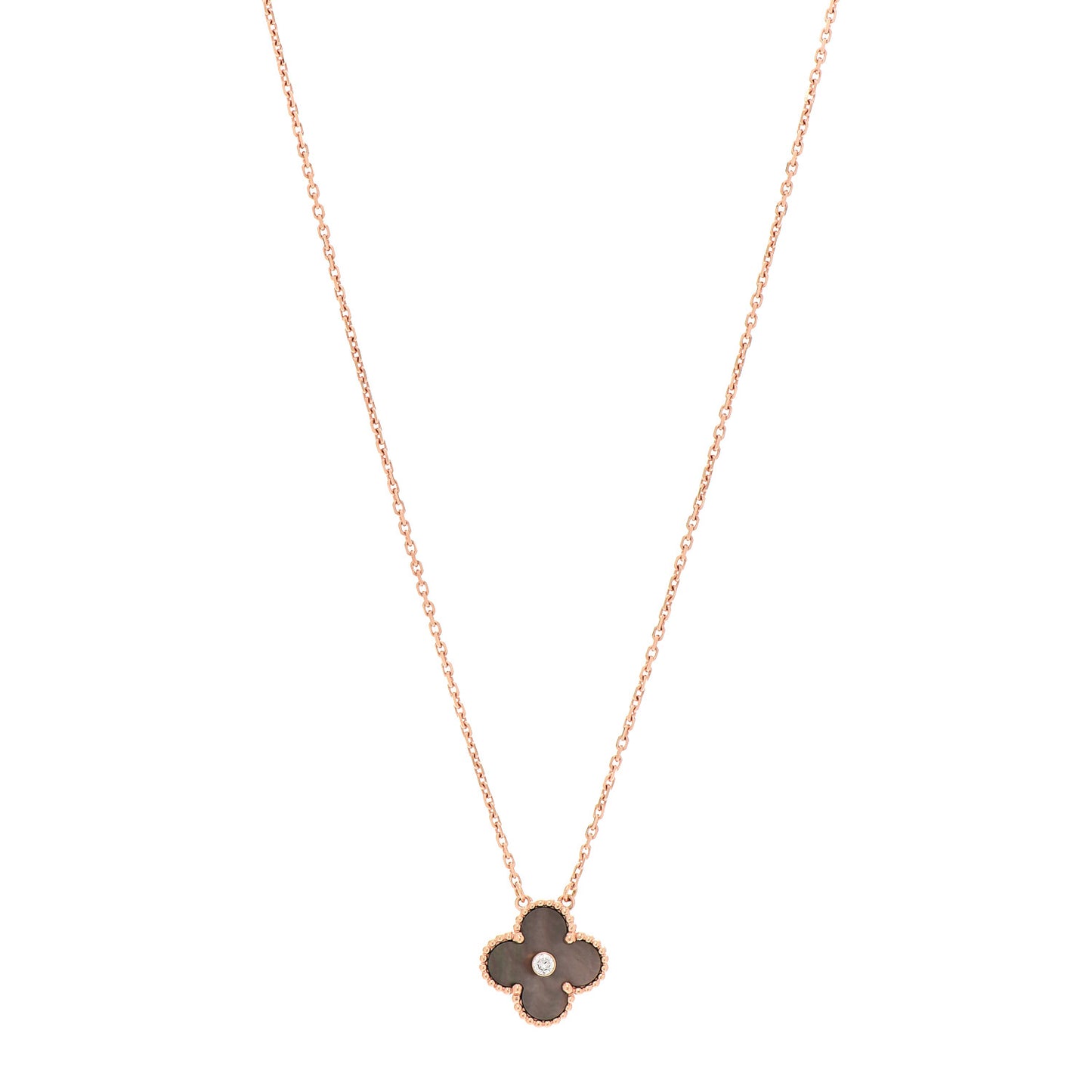 18K Rose Gold Diamond Grey Mother of Pearl Vintage Alhambra Pendant Necklace