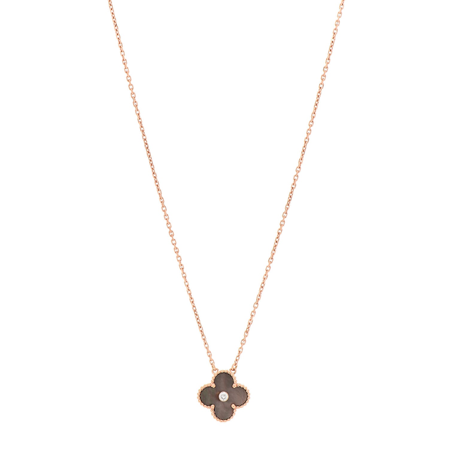 Van Cleef & Arpels 18K Rose Gold Diamond Grey Mother of Pearl Vintage Alhambra Pendant Necklace 1 of 6