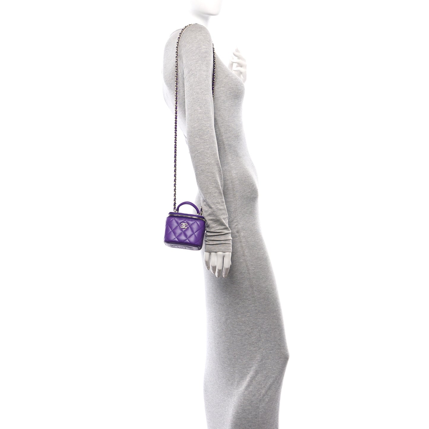 Lambskin Quilted Top Handle Mini Vanity Case With Chain Purple