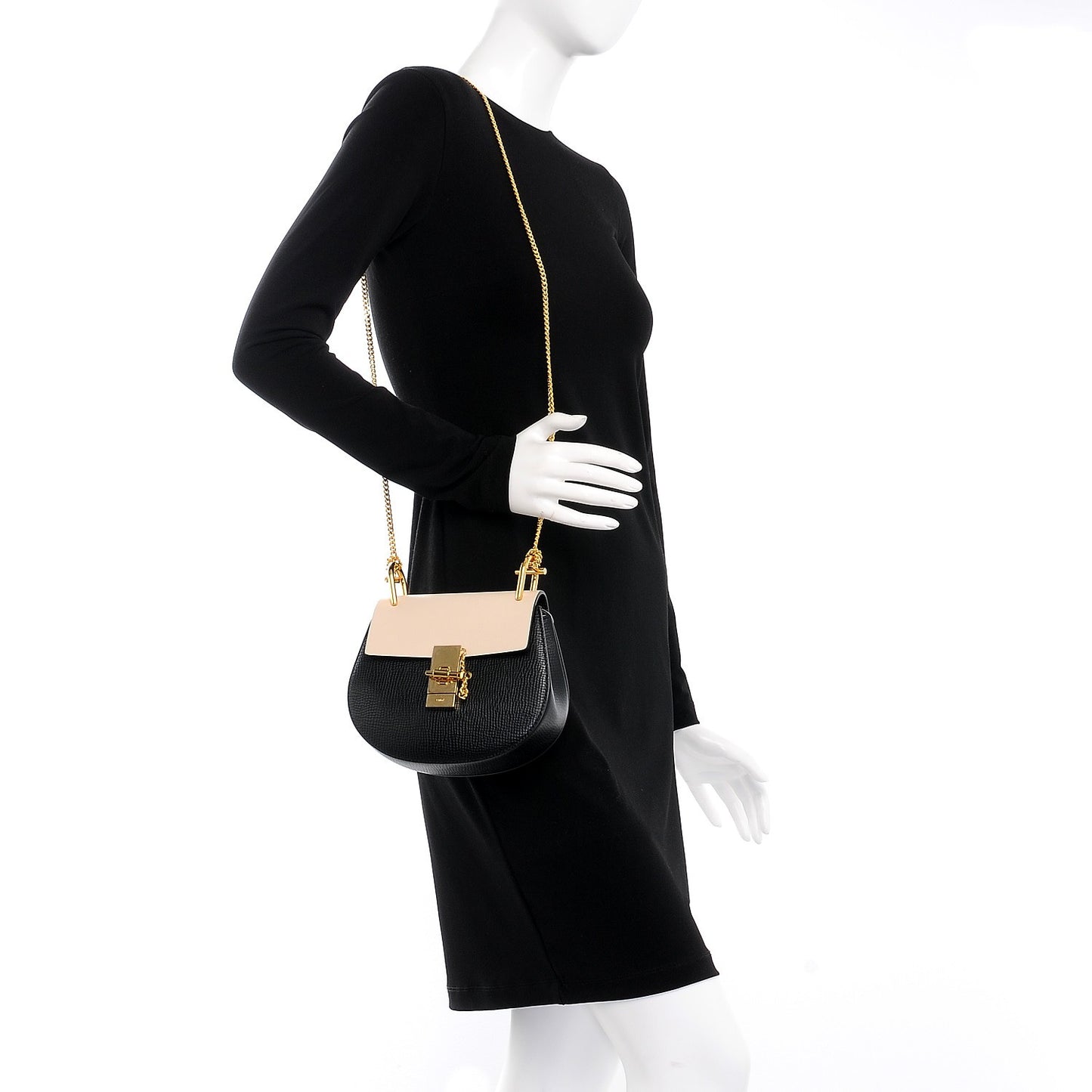 Grained Calfskin Lambskin Mini Bi-Color Drew Shoulder Bag Black Powder Beige