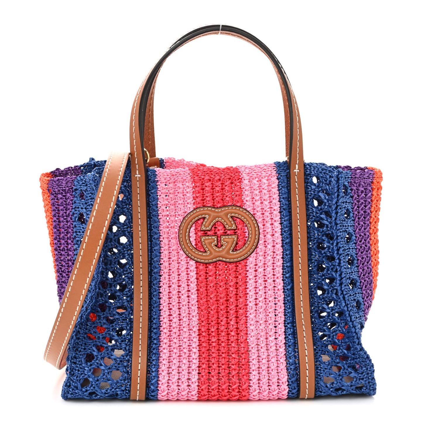 Raffia Web Woven Small Interlocking G Tote Blue Multicolor