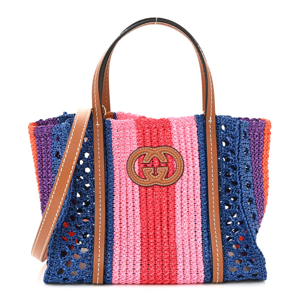 Gucci Raffia Web Woven Small Interlocking G Tote Blue Multicolor