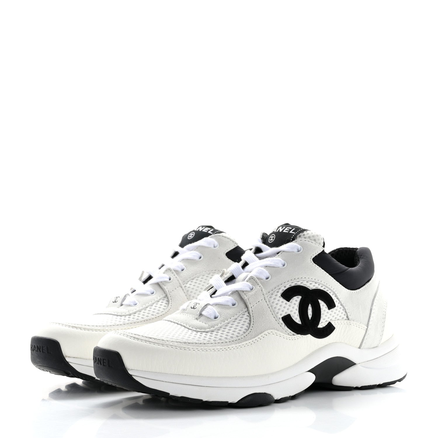 Chanel Mesh Suede Calfskin Grained Calfskin Womens CC Sneakers 39 White Black 4 of 9