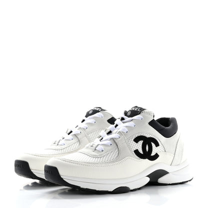 Chanel Mesh Suede Calfskin Grained Calfskin Womens CC Sneakers 39 White Black 4 of 9