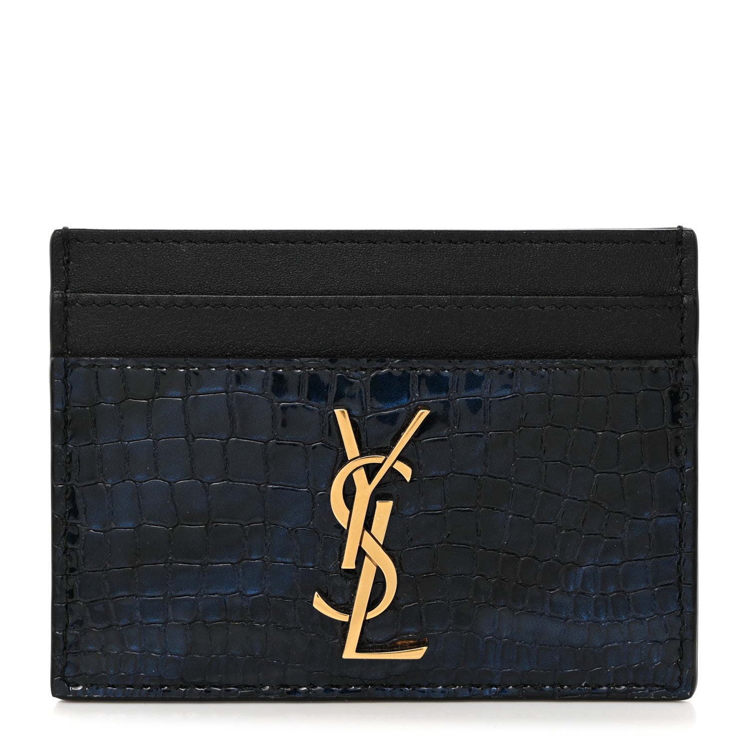 Saint Laurent Calfskin Crocodile Embossed Monogram Credit Card Case Blue 1 of 8