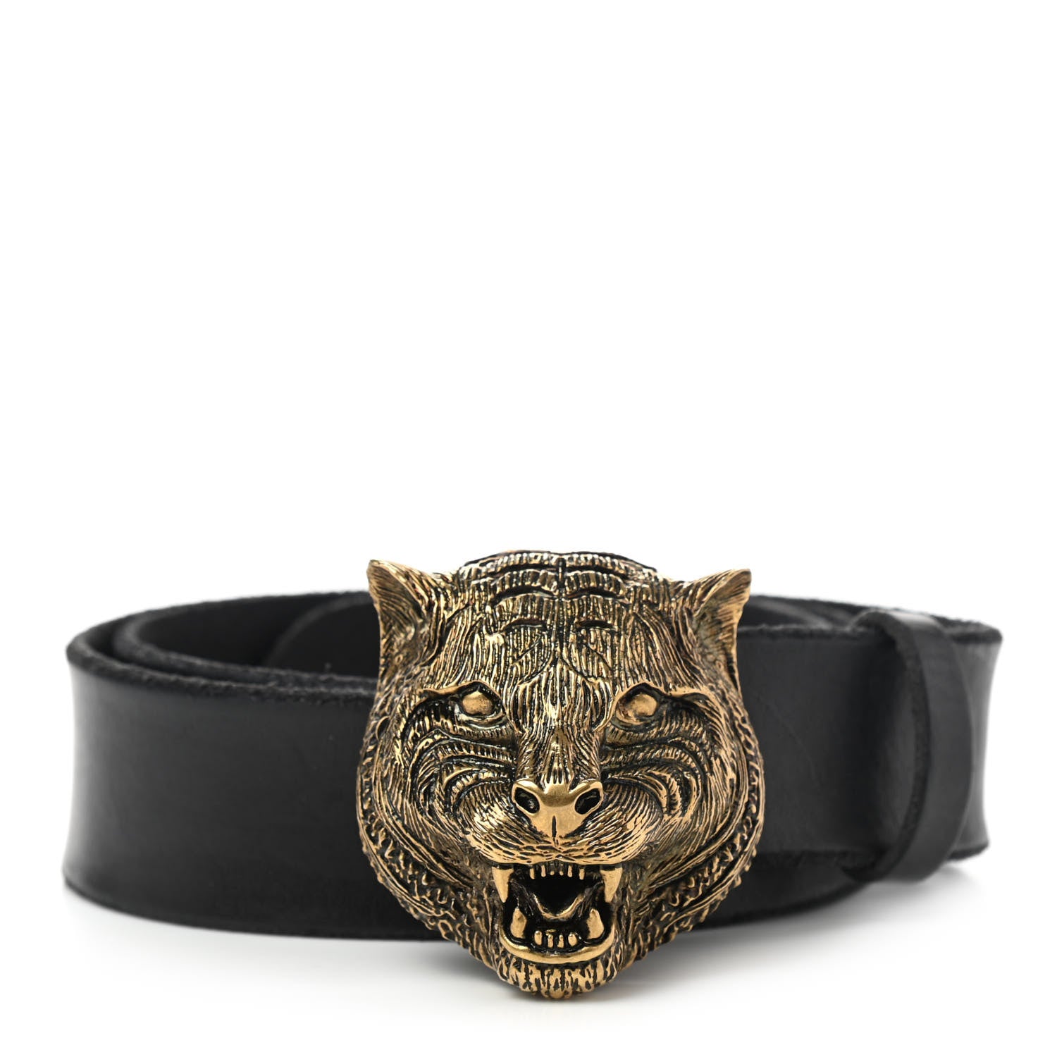 Gucci Calfskin Brass Feline Buckle Belt 85 34 Black 1 of 5