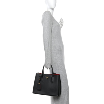 Prada Saffiano Cuir Medium Double Bag Black Fuoco 2 of 9