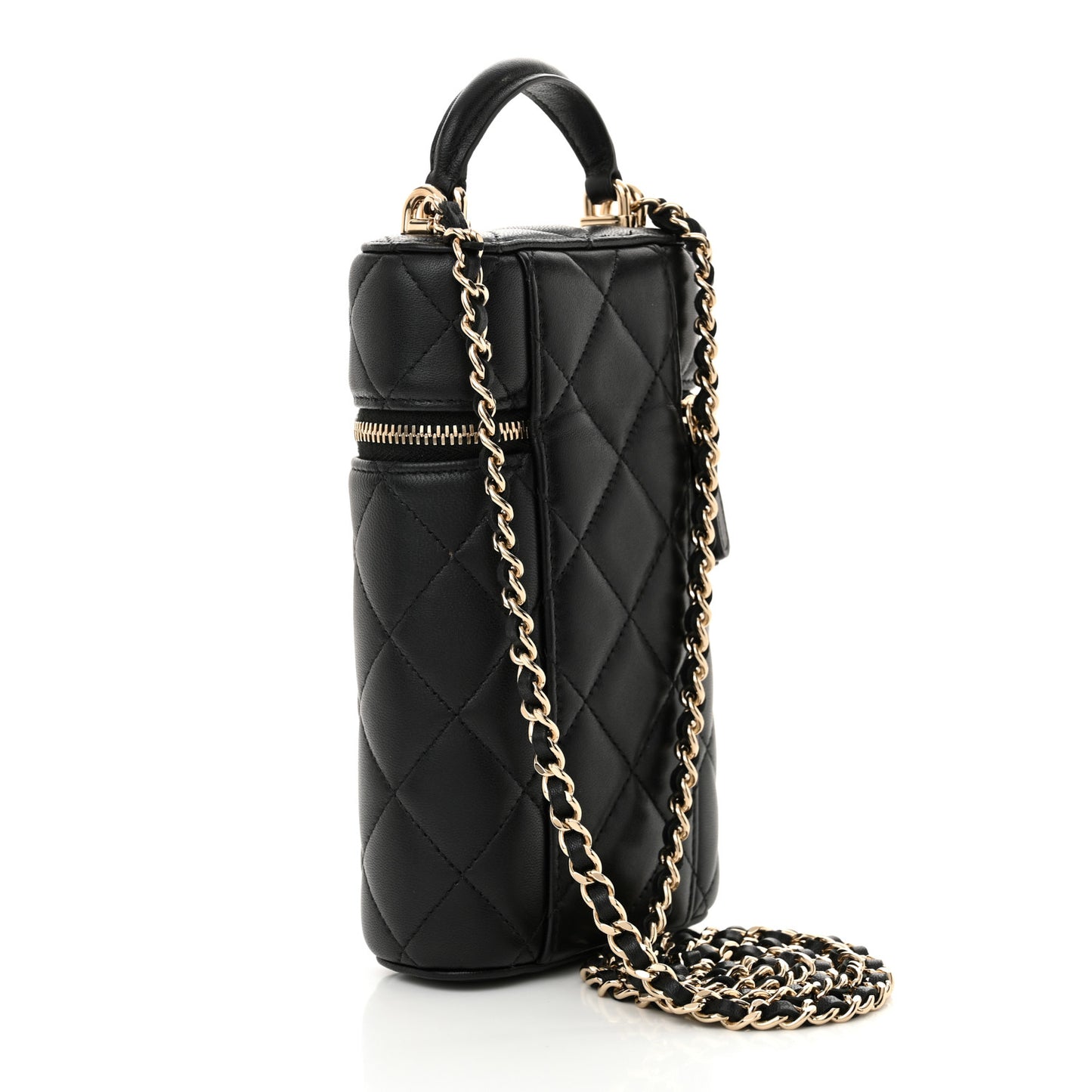 Lambskin Quilted Top Handle Phone Holder With Chain Black