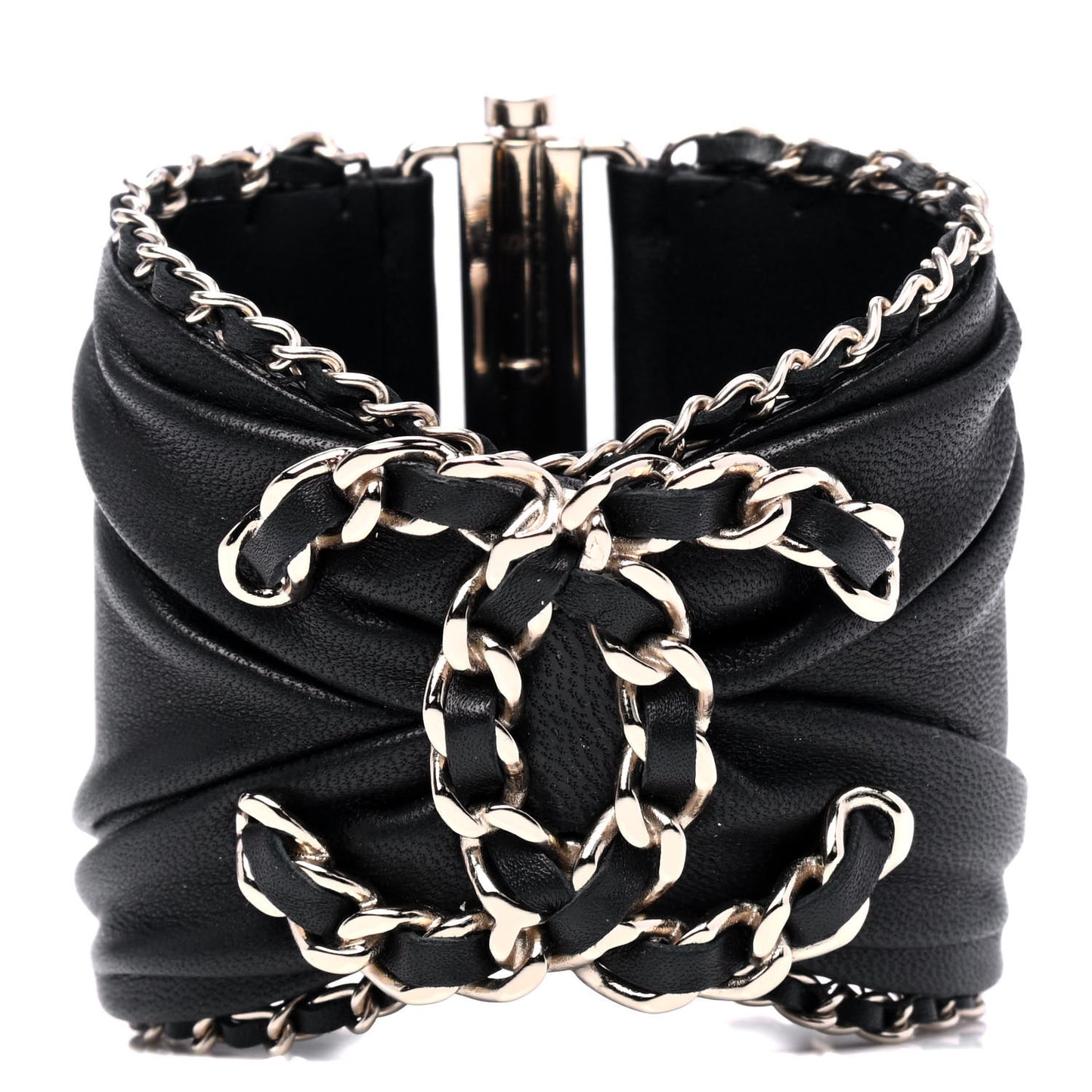 Lambskin Chain CC Cuff Bracelet Black Gold