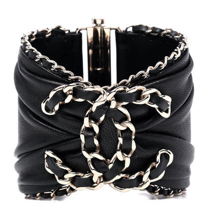 Chanel Lambskin Chain CC Cuff Bracelet Black Gold 1 of 5