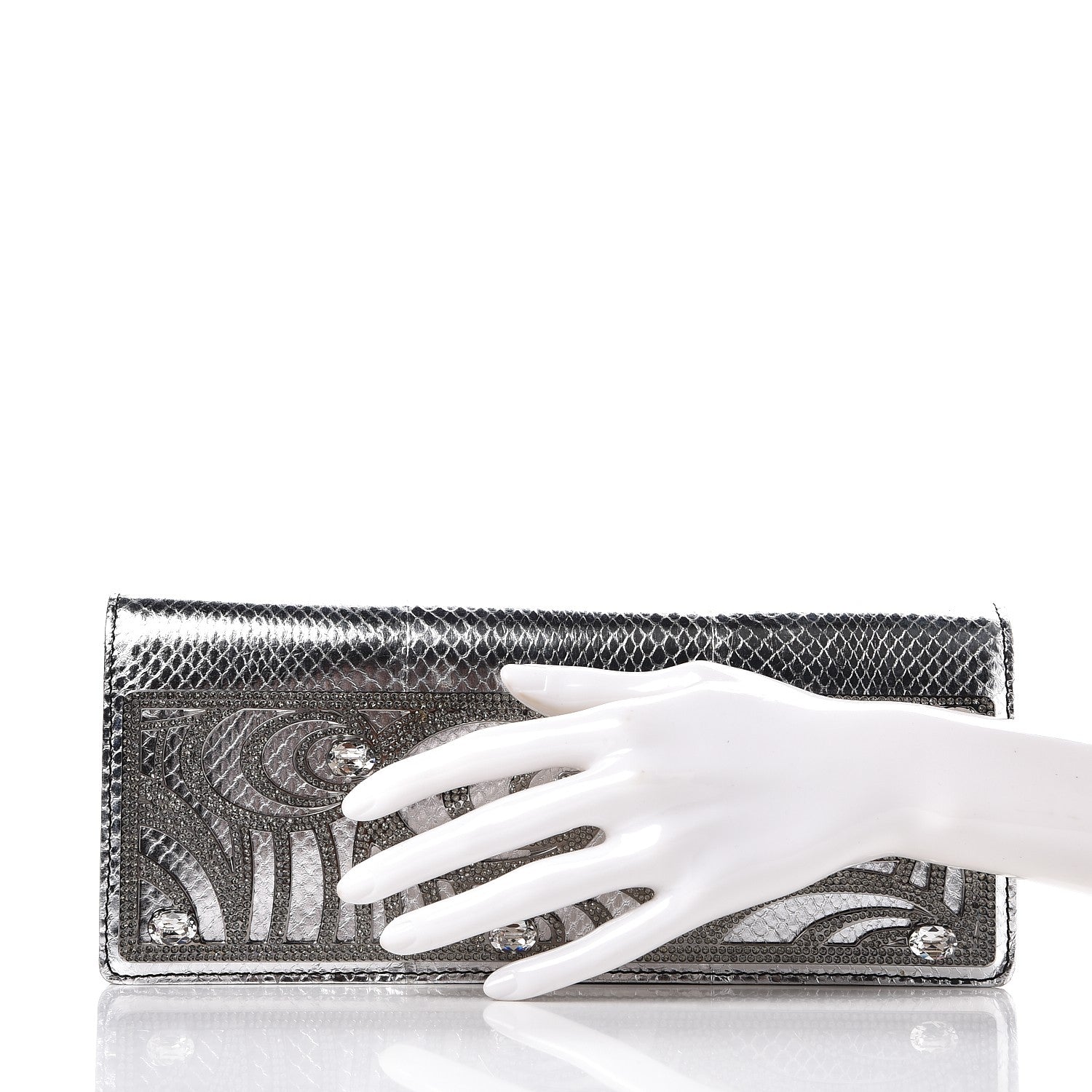 Valentino Garavani Metallic Python Crystal Clutch Silver 3 of 7