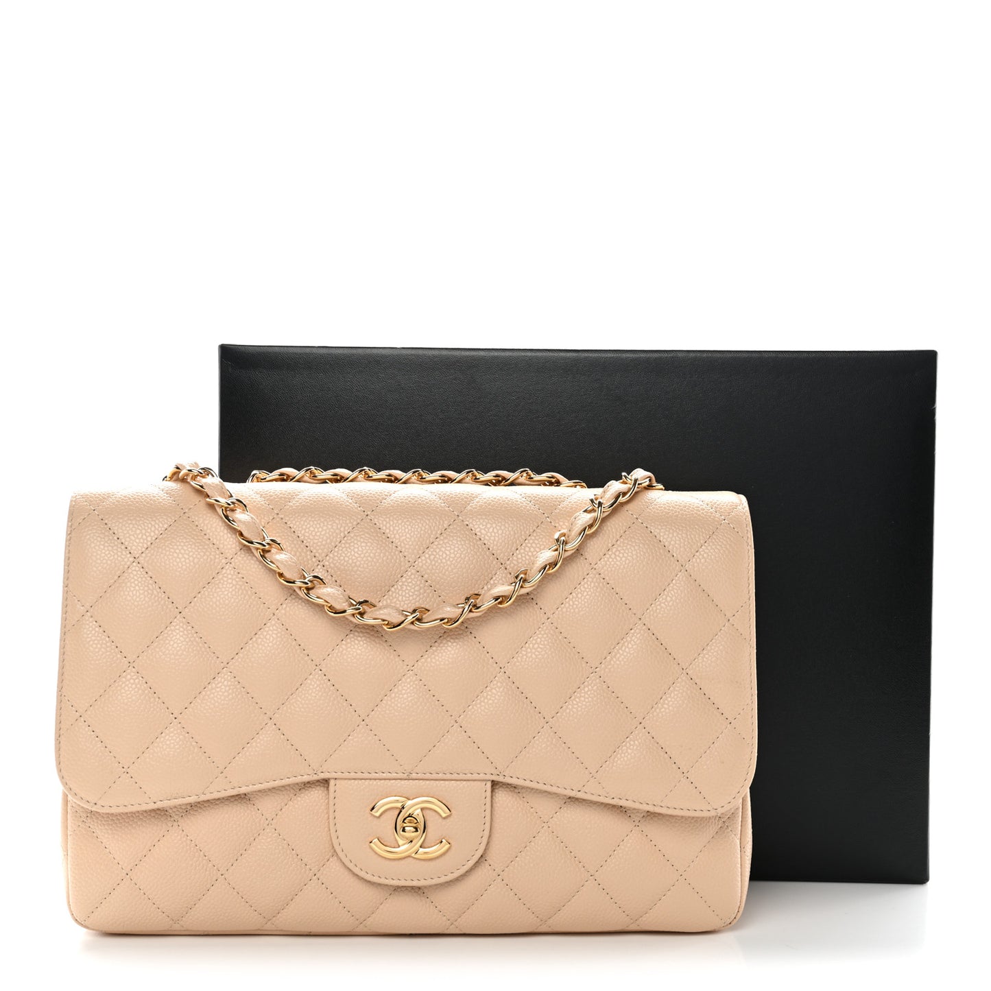 Caviar Quilted Jumbo Double Flap Light Beige