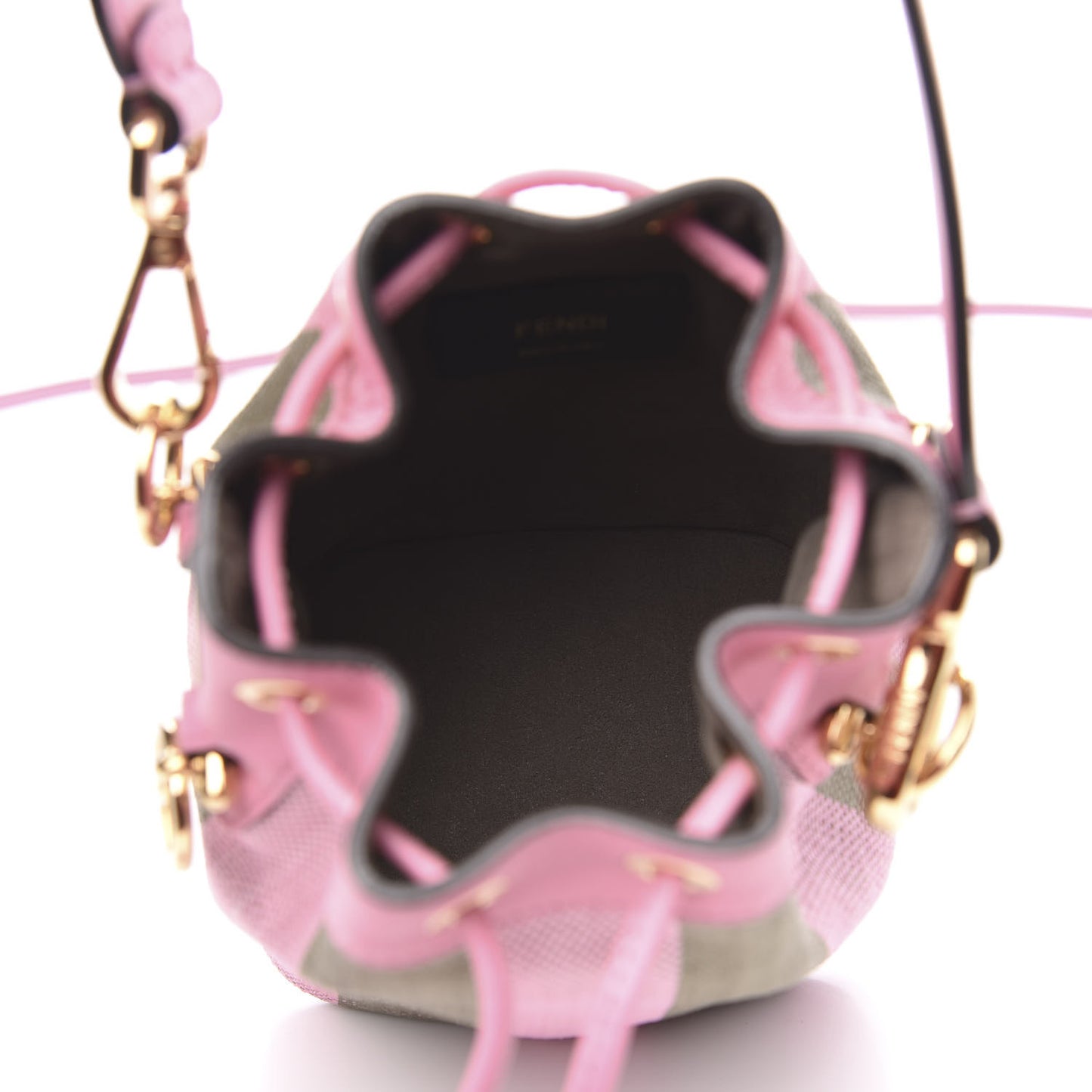 Raffia Vitello Seta F is Fendi Pequin Gingham Woven Mini Mon Tresor Bucket Bag Military Rosa Lollypop