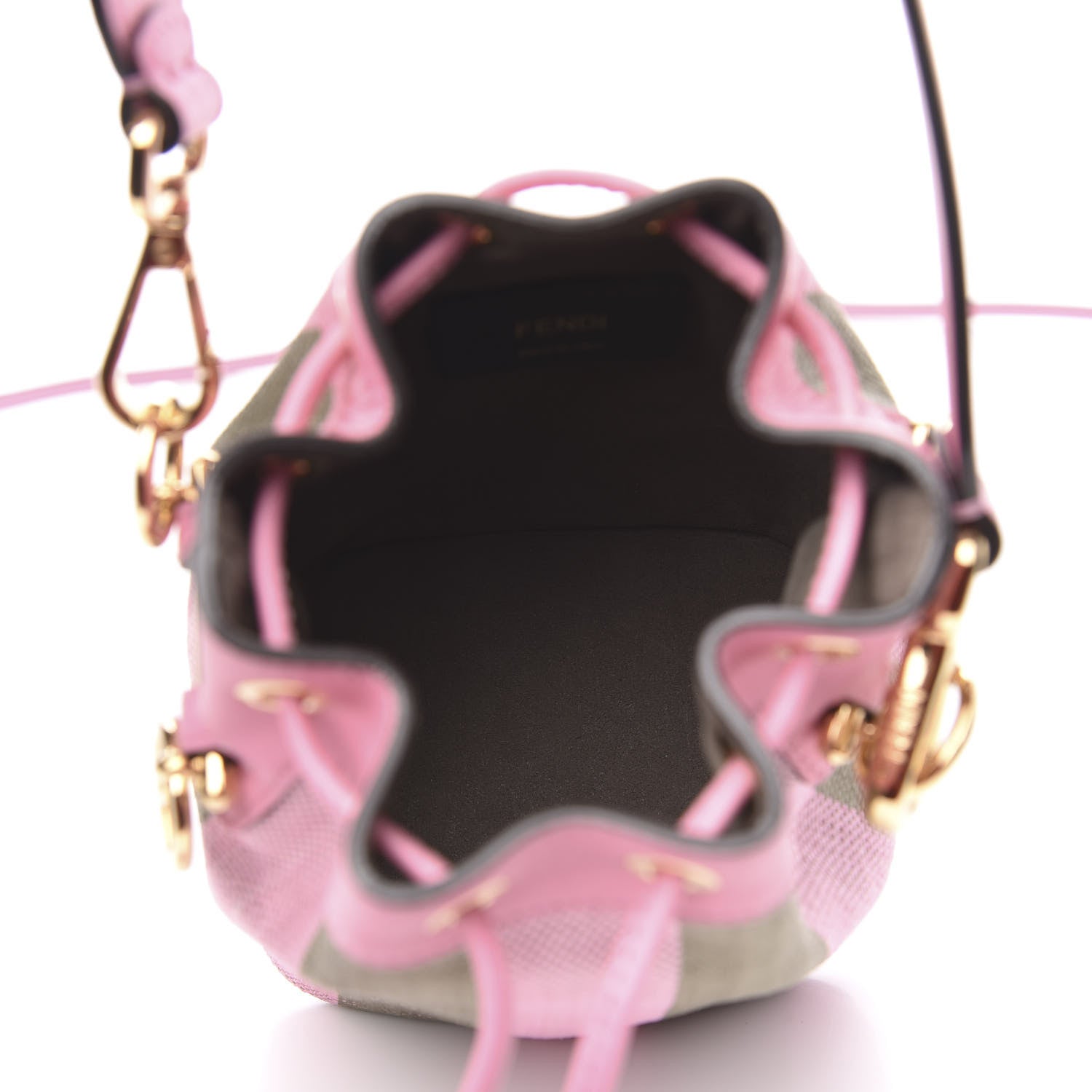 Fendi Raffia Vitello Seta F is Fendi Pequin Gingham Woven Mini Mon Tresor Bucket Bag Military Rosa Lollypop 5 of 9