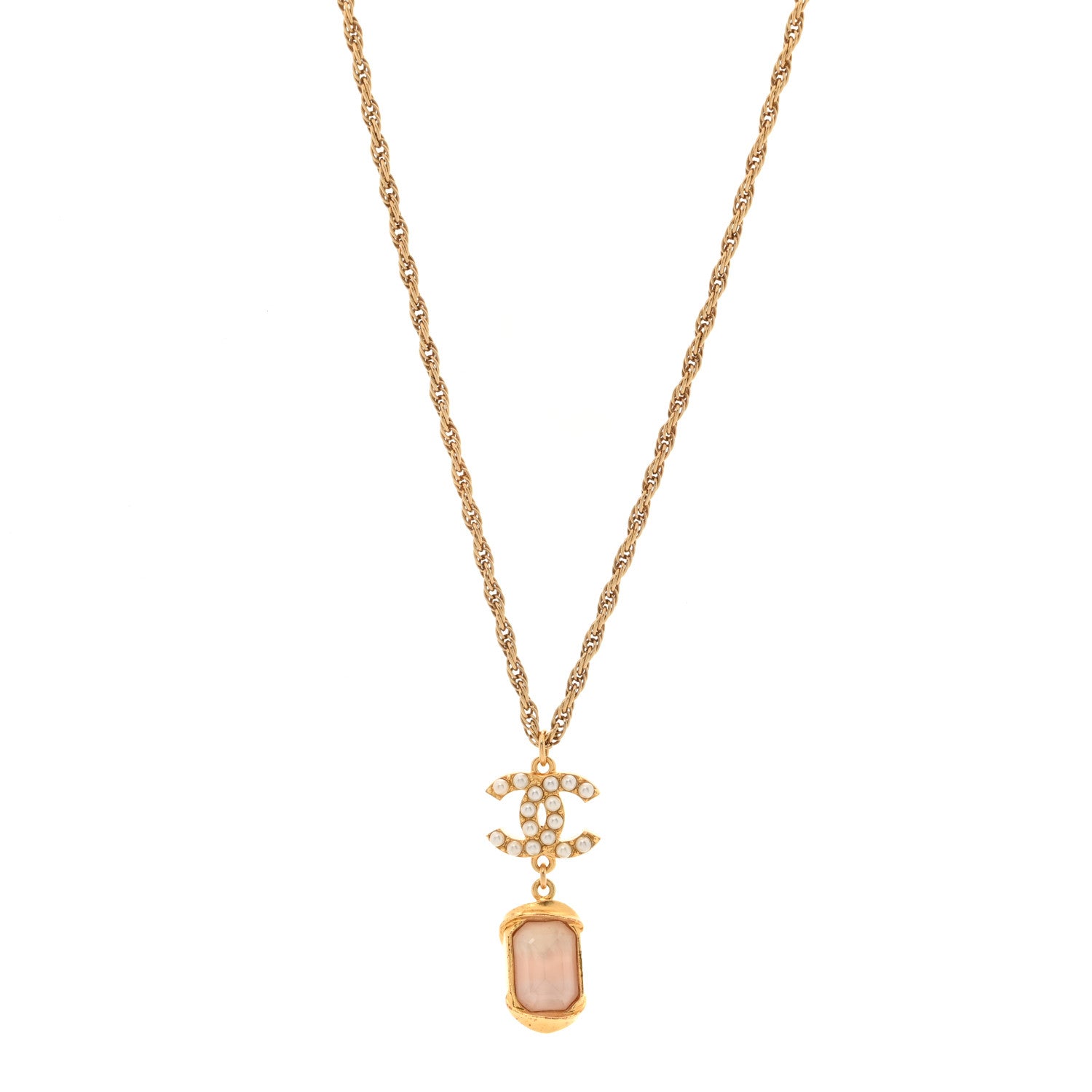 Chanel Pearl Crystal CC Pendant Necklace Gold Pink Pearly White 1 of 5