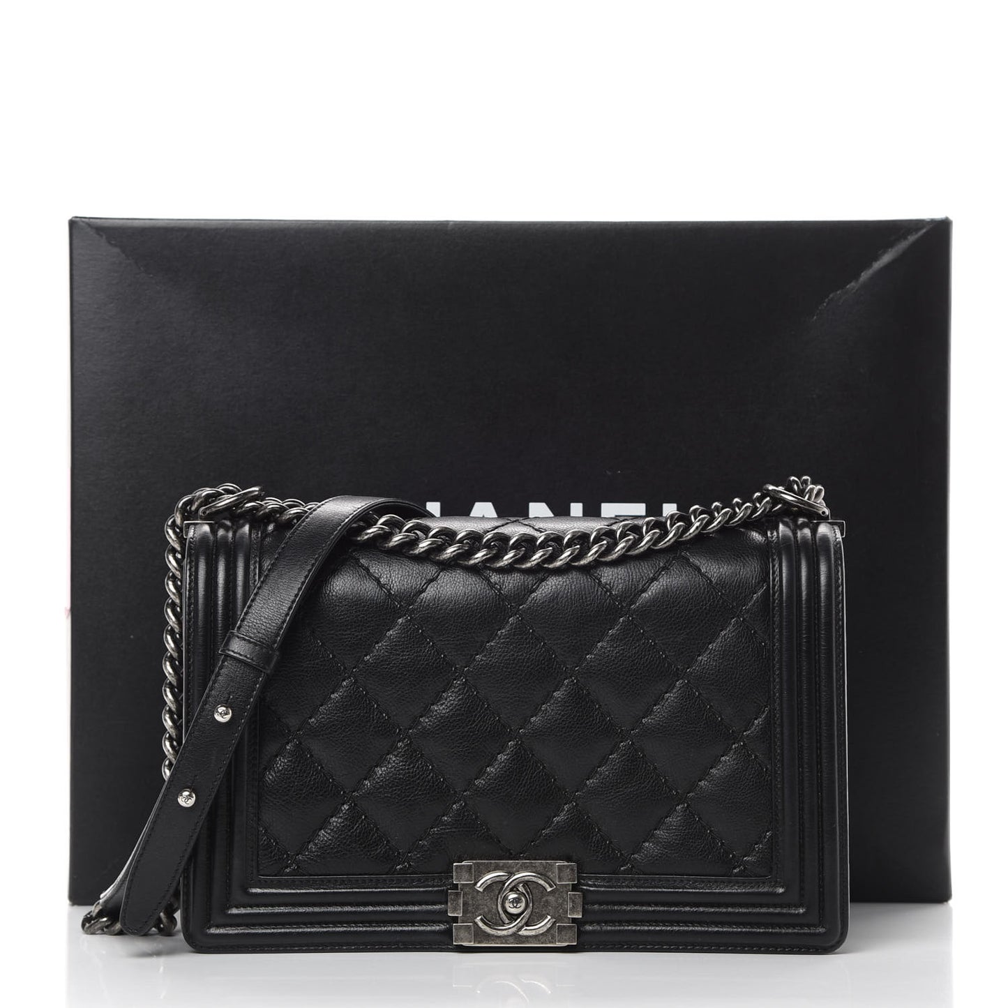 Calfskin Quilted Double Stitch New Medium Boy Flap Black