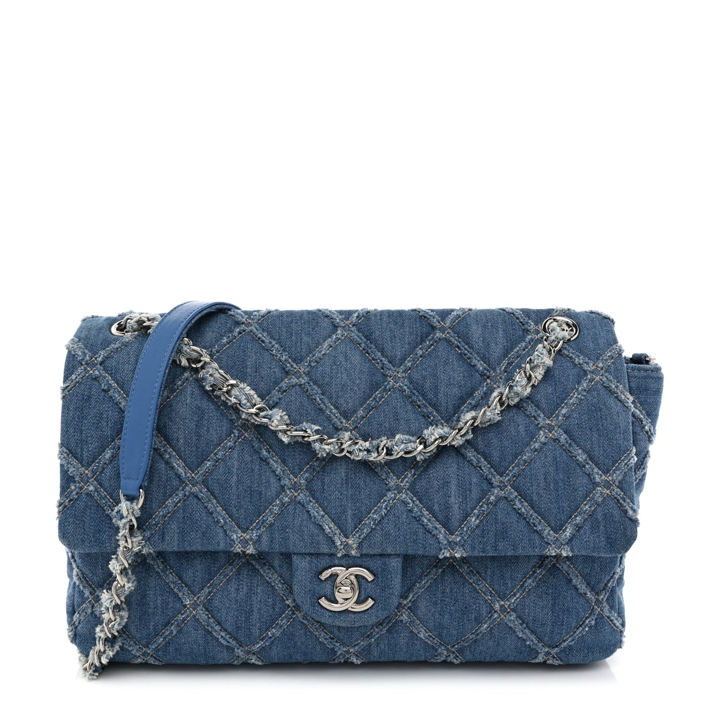 Frayed Denim Quilted Large Blue Chip Flap Blue