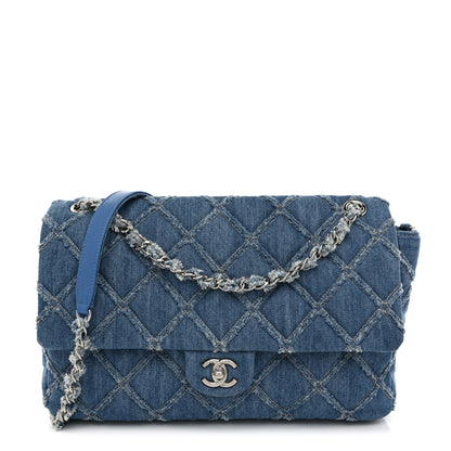 Chanel Frayed Denim Quilted Large Blue Chip Flap Blue 1 of 12