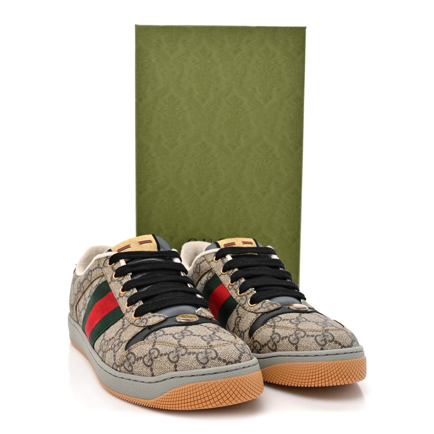 GG Supereme Monogram Miro Soft Calfskin Web Mens Screener Sneakers 8 Beige Ebony Black New Platinum