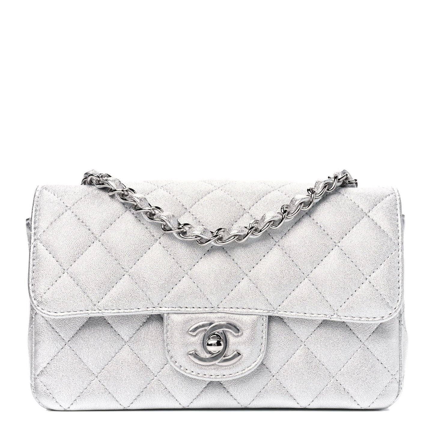 Metallic Lambskin Quilted Mini Rectangular Flap Silver