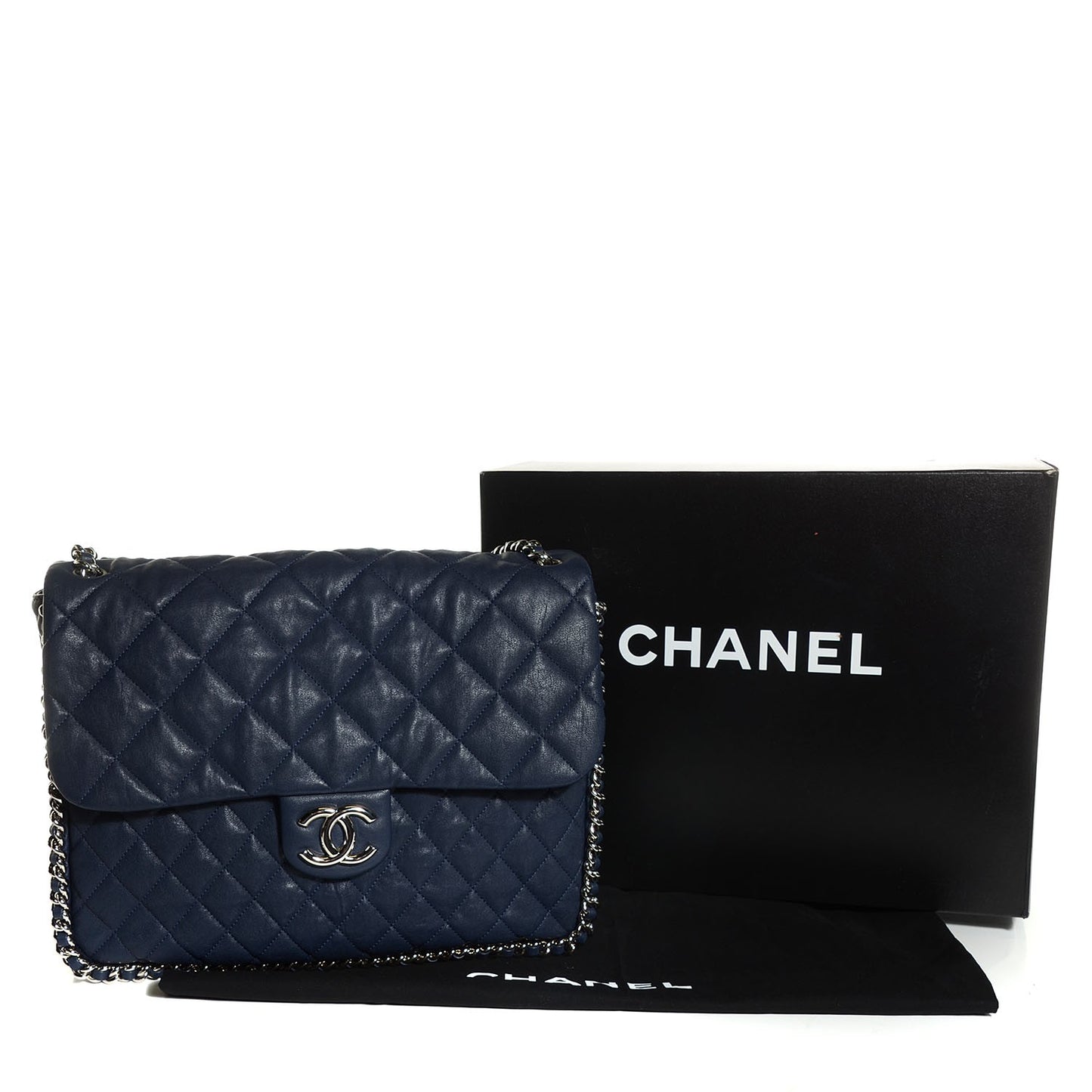 Washed Lambskin Quilted Chain Around Maxi Flap Dark Navy Blue