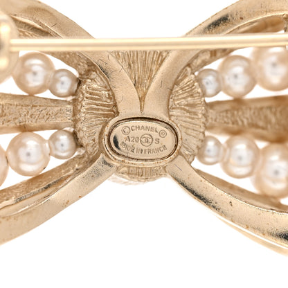Chanel Metal Crystal Pearl CC Bow Brooch Gold 4 of 5