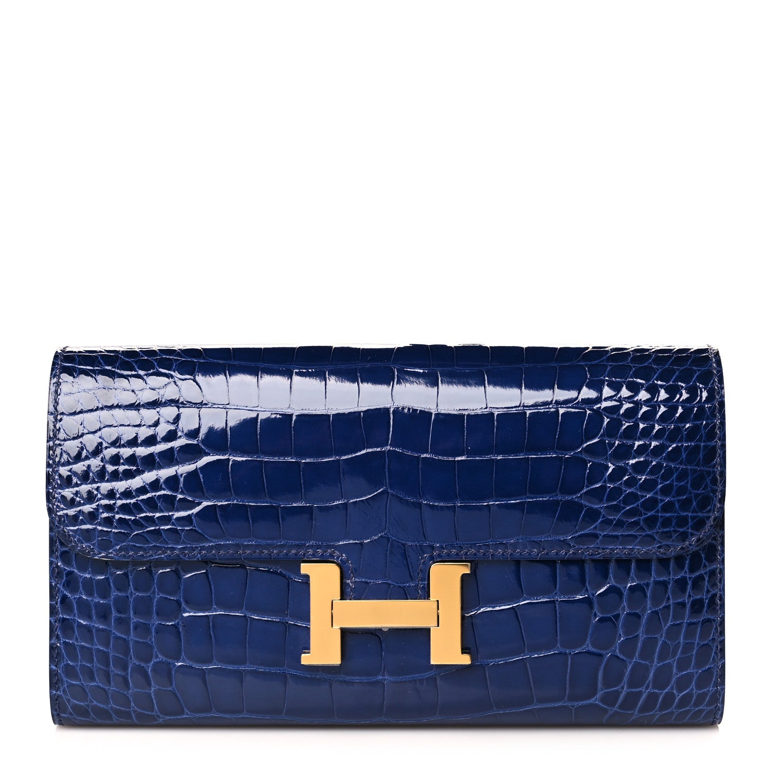 image of HERMES Shiny Alligator Verso Constance Long Wallet in the colors Bleu Saphir Bleu Paon by FASHIONPHILE