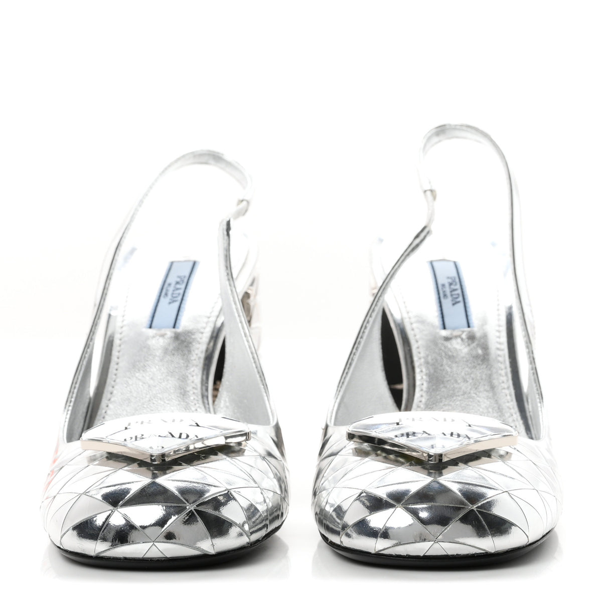 Prada Spazzolato Triangle Logo Slingback 90mm Pumps 37 Argento 3 of 8